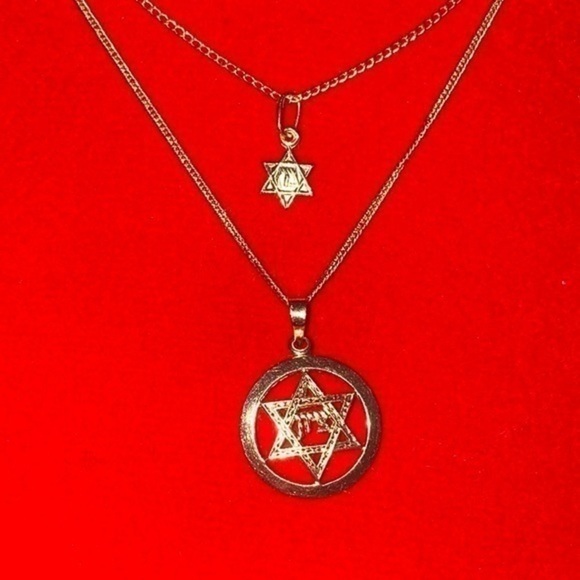 14K Yellow Gold Star Of David Pendant set Necklace